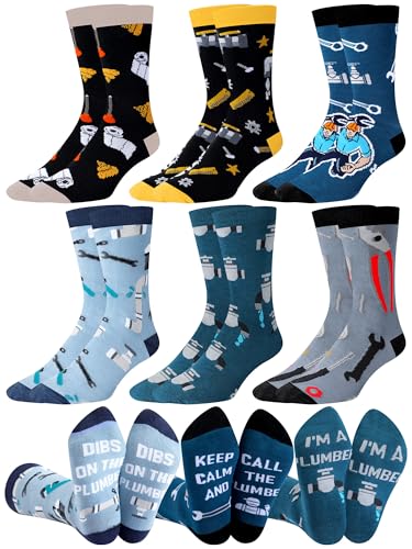 Skicuff 6 Pairs Plumber Socks for Men Novelty Plumbing Worker Crew Socks with Pliers and Screwdriver Patterns Funny Work Accessories Christmas Holiday Gifts for Plumbers