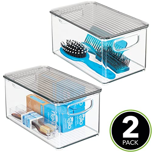 Mdesign Deep Plastic Bathroom Storage Bin Box, Lid/Built-In Handles, Organization For Makeup, Hair Styling Tools, Toiletry Accessories In Cabinet, Shelves, Ligne Collection, 2 Pack, Clear/Smoke Gray #TOP1