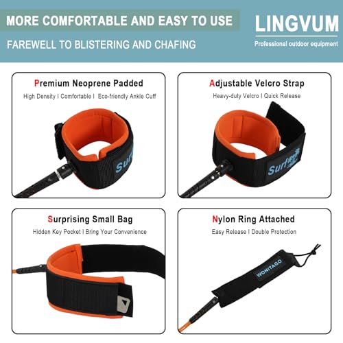 Surfboard Leash Premium Straight Surf Leash SUP Leg Rope 6/7/8/9 feet for Any Surfboards, Longboard, Paddleboard and Shortboard(Orange,6FT)