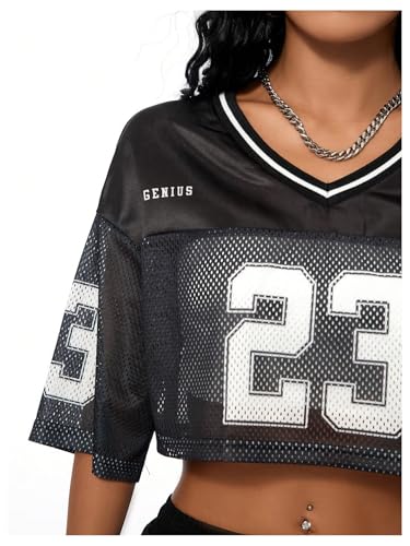Verdusa Women's Jersey Shirts Hip Hop V Neck Short Sleeve Mesh Crop Top Graphic Tees3