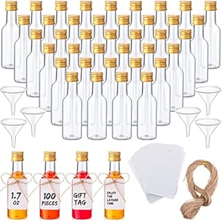 100 Pcs Mini Liquor Bottles Set, 1.7oz Plastic Shot Bottles with Caps, 6 Funnels, 100 Tags, and 65ft Ropes, Miniature Spirit Containers Bulk for Wedding Party Favors