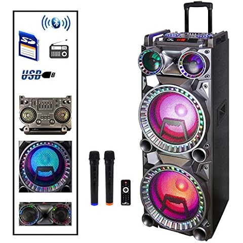 Befree Sound Dual 10 Inch Subwoofer Bluetooth Portable Party Speaker with Sound Reactive Party Lights, USB/SD Input, Rechargeable Battery, Remote Control and 2 Wireless Microphones Cover