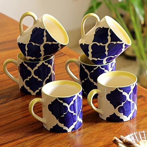 ExclusiveLane 'Ocean Caffeine Hangouts' Ceramic Tea Cups | White & Blue, 200ml | Set of 6 | Hand-painted Tea Glasses | Coffee Mugs for Hot/Cold Beverages | Microwave Safe | Ideal Housewarming Gift Cover