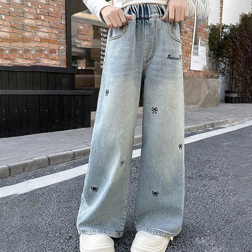 Girls Y2k Jeans Wide Leg Bow Embroidered Jeans Kids Casual High Waist Cute Denim Pants Streetwear with Pockets Fall3