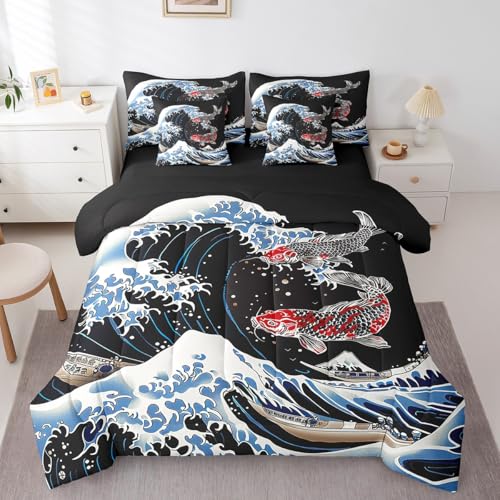 Erosebridal Sea Wave Twin Comforter Set with Sheets,Koi Fish 7 Piece Bedding Set Japanese Style Fuji Mountain Bed in a Bag,Japan Carp Ethnic Kawaii Ukiyoe Theme Lake View Bed Sets