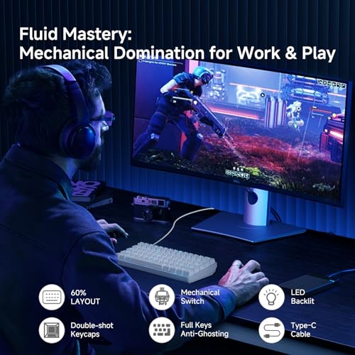 TMKB 60% Mechanical Gaming Keyboard, Red Linear Switch, LED Backlight, Anti-Ghosting, Detachable USB-C, Double-Shot Keycaps, 61 Keys, Wired, White - Image 3