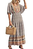 KIRUNDO 2021 Women’s Summer Short Sleeves Maxi Bohemia Dress Sexy V Neck Floral High Waist Flowy Pleated Beach Dress (White, Large)
