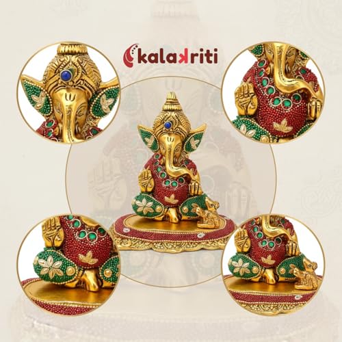 Image of Kalakriti Metal Ganpati Idol with Mouse, 6 Inch Gold Finish Lord Ganesha Statue for Home Decor |Temple Office Hostel Desk, Hindu God Ganesh Vinayaka Decorative Showpiece for Living Room, Chua Ganesh