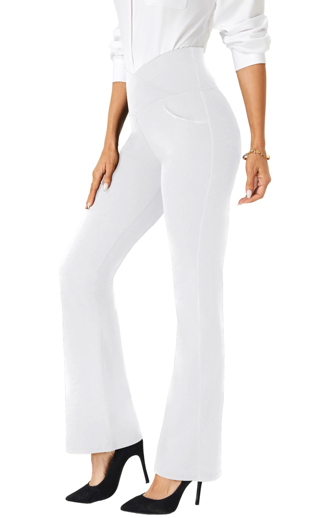 TOPYOGAS Womens Bootcut Crossover High Waisted Dress Pants Work Pants Business Office Casual Slacks with Pockets White