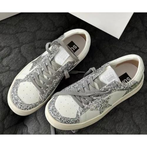 Women's Glitter Silver Star Sneakers Sparkly Platform Shoes White Fashion Sneakers Casual Walking Shoes Bling Sequin Low Top Sneakers4