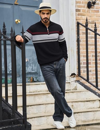 TACVASEN Men's Quarter Zip Sweaters Cotton Pullover Sweater Striped Casual Fall Winter Warm Pullover Sweatshirts3