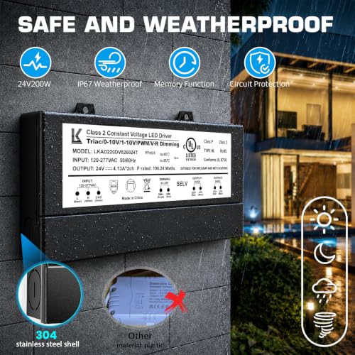 Image of 24V 200W Dimmable LED Driver, 5-in-1 Triac /ELV /MLV /0-10V /1-10V /PWM /V-R Dimming AC to DC Power Supply, IP67 Waterproof LED Transformer, UL Listed, Compatible with Lutron & Leviton Dimmer