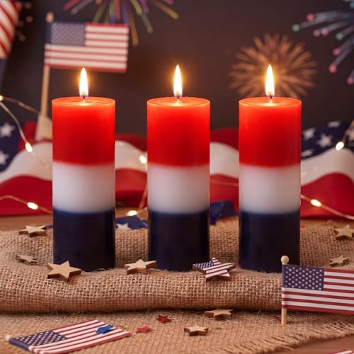 Image of Conelist 3 Pcs Red White and Blue Wax Candle 4th of July Unscented Dripless Pillar Patriotic Candles Smokeless Independence Day American Gifts for Dinner Party Decoration(Red Blue White,2 Inch)