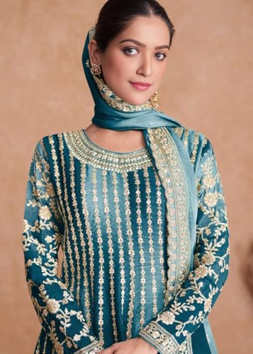 Image of Miss Ethnik Dual Tone Strip Chinon Heavy Embroidered Stitched Sharara Suit Set With Dupatta (ME-1129)