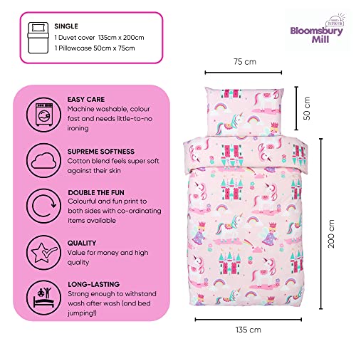 Bloomsbury Mill - Kids Single Duvet Cover Set - Childrens Single Bedding for Girls - Unicorn, Rainbow & Princess Single Bed Duvet Cover Set with Pillow Case - Pink - 135x200cm