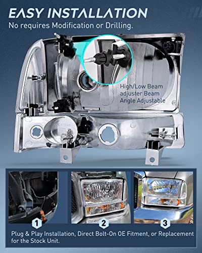 Image of Nilight 1999 2000 2001 2002 2003 2004 F250 F350 F450 F550 Super Duty Headlight Assembly,Chrome Housing Amber Corner Clear Lens,Headlights Replacement,Driver and Passenger Side