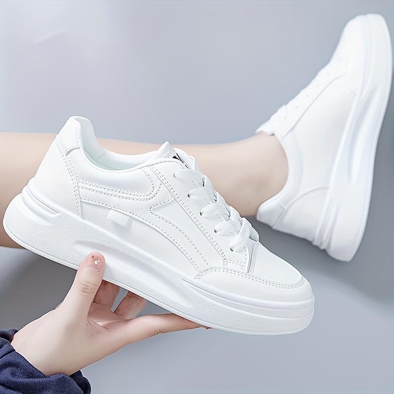 Women's Platform Skate Shoes, Versatile Height Increasing Lace Up Low Top Shoes, Outdoor Walking White Shoes3
