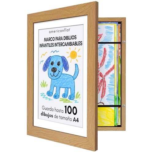 Americanflat Roble Oscuro Marco Dibujos Infantiles A4 - Cuadro de Almacenamiento para Niños para 100 Unidades, Proyectos de Arte, Puzzles, Fotos y Decoración - Madera Compuesta con Vidrio Resistente