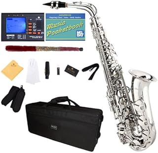Mendini by Cecilio MAS-N+92D+PB Nickel Plated E Flat Alto Saxophone with Tuner, Case, Mouthpiece, 10 Reeds and More