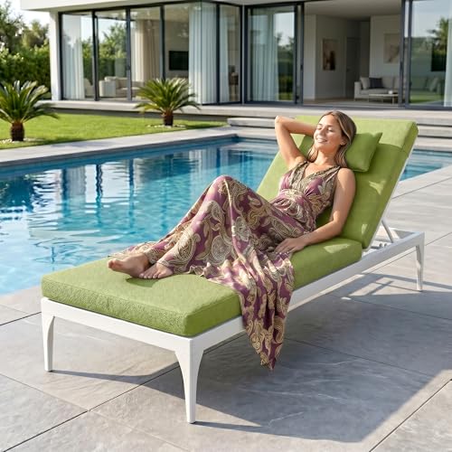Image of BRISHI Outdoor Swimming Poolside Lounger Beach Sunbathing Lawn Patio Chaise Lounge Sun Lounger Chair Adjustable Backrest (White /Green)