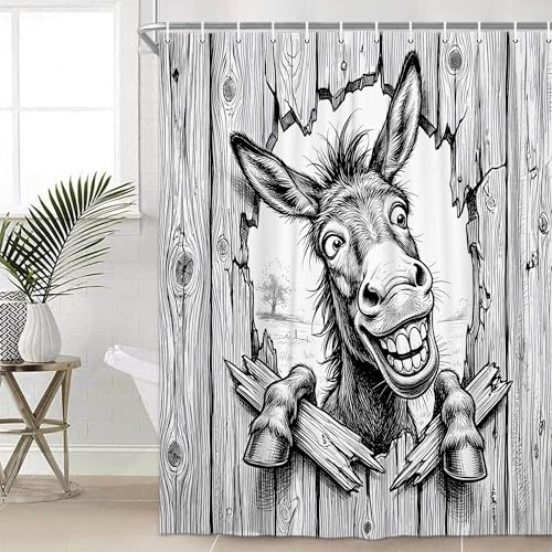 Image of Boziqr Funny Donkey Shower Curtain, Fun Black White Donkey Shower Curtains for Bathroom Peeking Funny Cute Animal Rustic Farmhouse Bath Curtain Decor, 69 X 75 Inch
