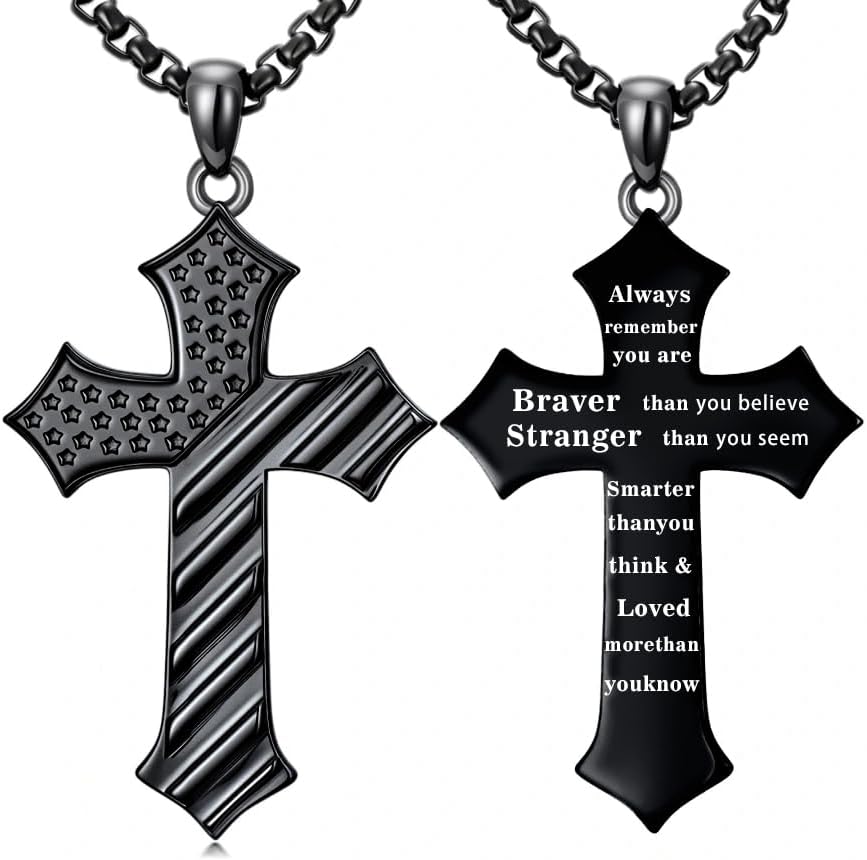 American Flag Cross Necklace for Men 925 Sterling Silver Patriotic Necklace Bible Verse USA Flag Cross Jewelry Gifts for Men