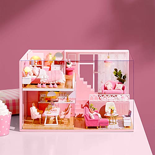 Image of TuKIIE DIY Miniature Dollhouse Kit with Furniture, 1:24 Scale Creative Room Mini Wooden Doll House Accessories Plus Dust Proof & Music Movement for Kids Teens Adults(Warm Moments)