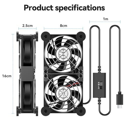 Miniatura 6 de ELUTENG Ventilador USB C 2 en 1 de Doble Fila de 80 mm, 5V, Doble Tipo C con 8 Patas que Absorben los Golpes, 3 Velocidades Ajustables para PS5, PS4, PC, Portátil, Router