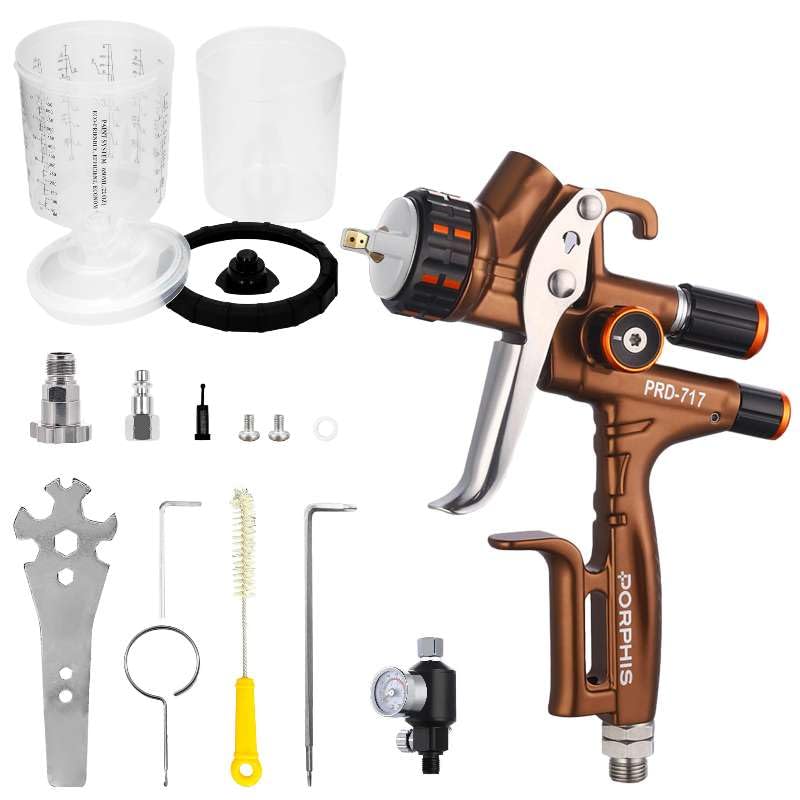 Image of Paint Spray Gun PRD-717 VS Type with Split Nozzle 1.3mm Automotive Refinishing Spray Gun, Brown G1 /4 inch Inlet and Outlet Air Compressor Filter with Air Regulator and Inline Air Dryer Oil Water S