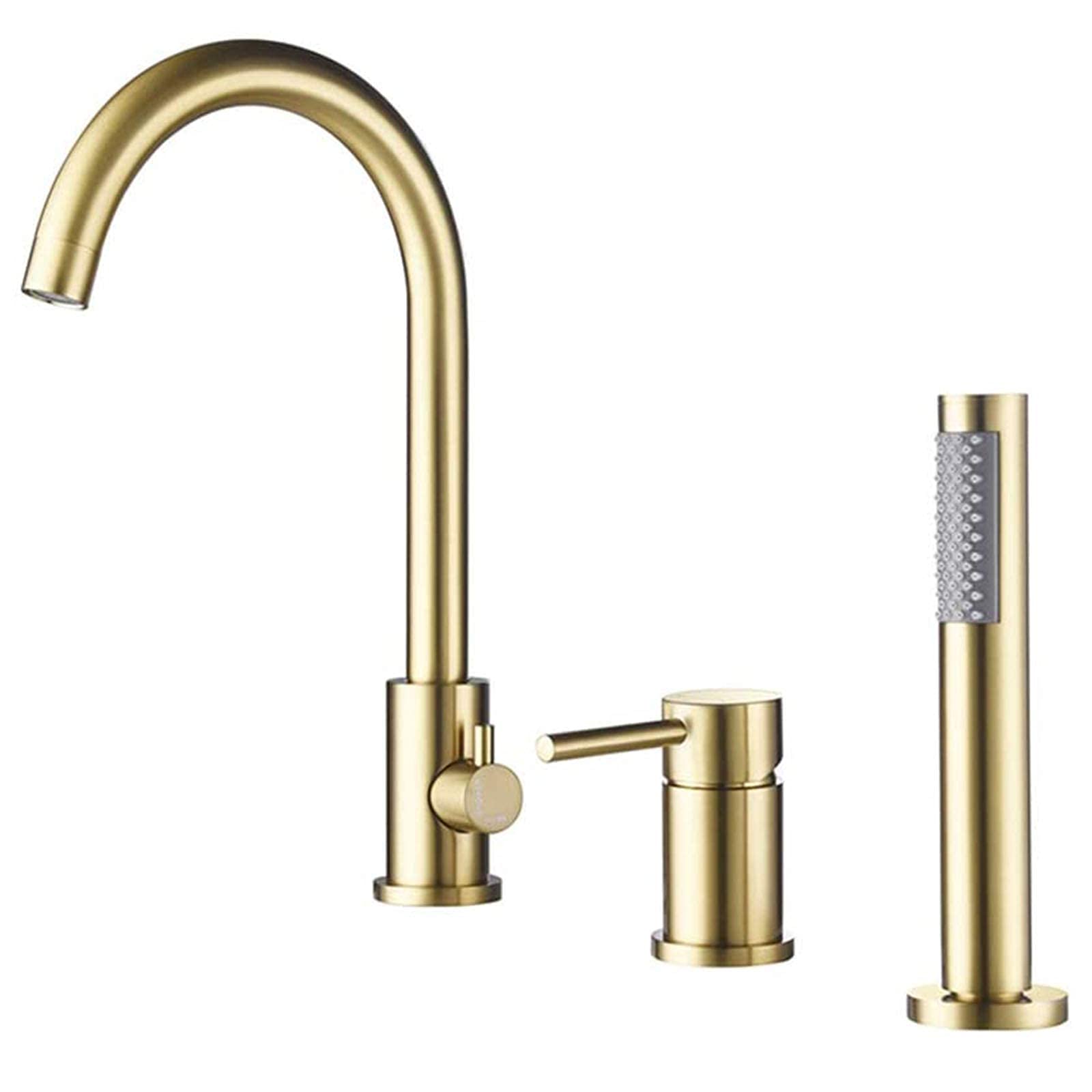 CWCQGH Widespread Bathtub Faucet, Brass Tub Filler Faucet with Handheld Shower, Deck Mounted 3 Holes Tub Faucet, Bathroom Mixer Faucet Set,Brushed Gold,Brushed Gold