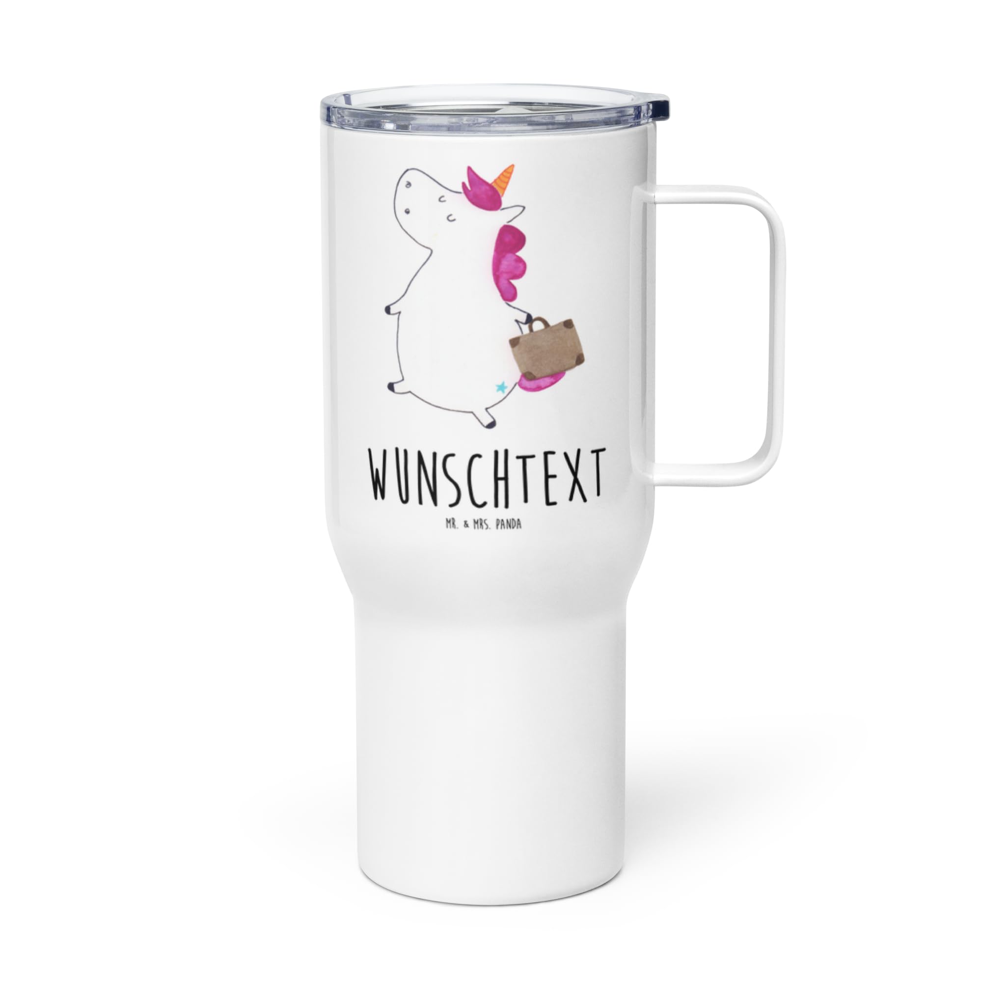 Mr. & Mrs. Panda Personalisierter XXL Thermobecher Einhorn Koffer - Personalisierte Geschenke, PersonalisierteXL Reisetasse, Erwachsen, Reisebecher, Unicorn, XL, Einhörner, Gepäck