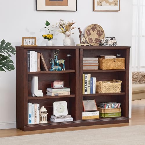 43" Walnut Tall Bookshelf Set of 2,3-Tier Thick Wooden Book Shelf with Adjustable Shelves,Free Standing Farmhouse Bookcase with Open Display Storage,Floor Vintage Bookshelves for Living Room - Image 8