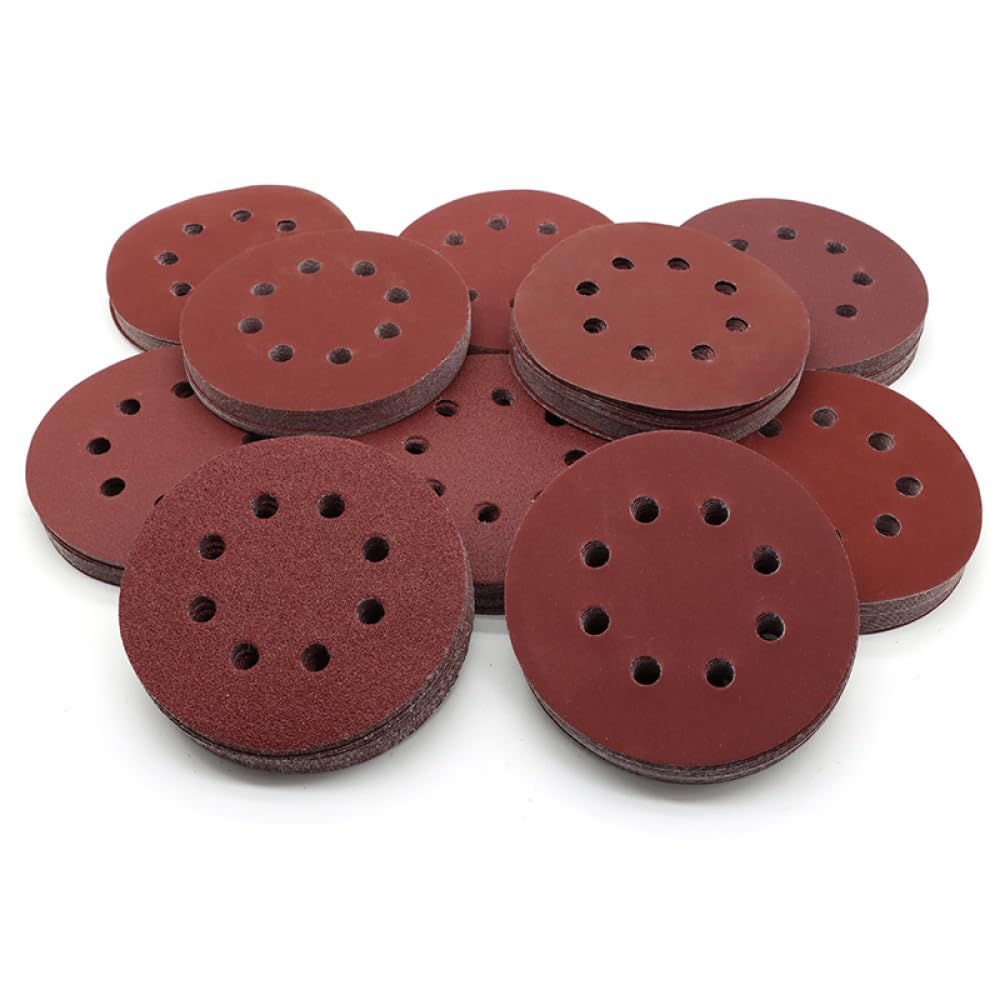 Discos de lijado de 5 pulgadas y 8 orificios Papel de lija adhesivo con gancho y bucle 125 mm 60~2000 granos para lijadora orbital aleatoria Herramientas de hojas abrasivas, 1200 granos, 100 unidad