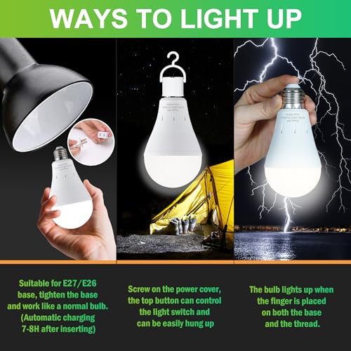 Image of DEBAOBULB 4 Pack Rechargeable Emergency Light Bulbs, Battery Powered LED Light Bulb 6000K Daylight E26 120 Volt 9W 60W Equivalent with 1200mAh for Home Power Outage Camping Hurricane