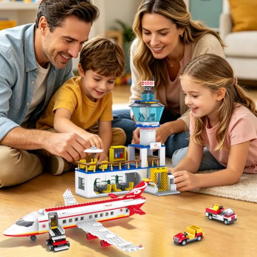 Image of WINGIFT 880 Pcs City Airport Passenger Terminal Building Set, 6 in 1 Airplane Building Blocks Toy, STEM Aircraft Bricks with Shuttle Bus,Luggage Cart,Planes Model Toys Gifts for Boys Girls Ages 6-12+