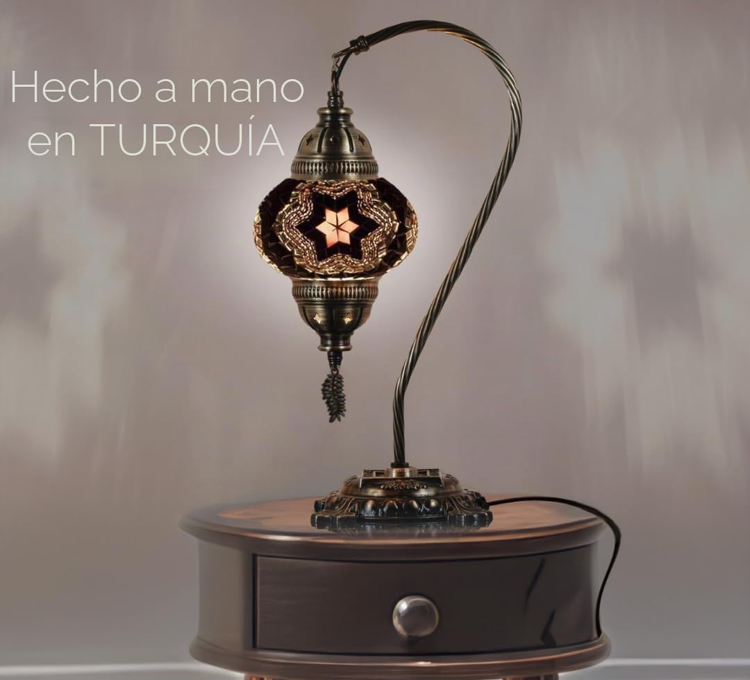 Lámpara turca auténtica DEMMEX, fabricada en Turquía, lámpara de mesa de noche con mosaico turco marroquí, 100% hecha a mano, cuerpo de metal de color latón antiguo y base de metal decorada.