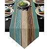 Linen Burlap Rustic Table Runners 13X70 Inches Long Dresser Scarfs, Retro Barn Wood Brown Teal Table Runner Farmhouse Style for Coffee Table, Holiday Parties, Wedding, Events Dinner, Home Decor