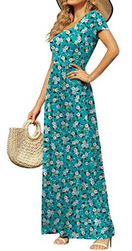 Image of DB MOON Womens Casual Plus Size Maxi Dresses Short Sleeve Empire Waist Long Dress with Pockets(Daisy Blue Green, XL)