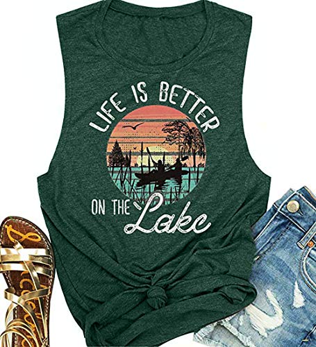 Lake is Better on The Lake Tanks Top Women Summer Lake Life Nature Vest Casual Sleeveless Vacation Shirts Green