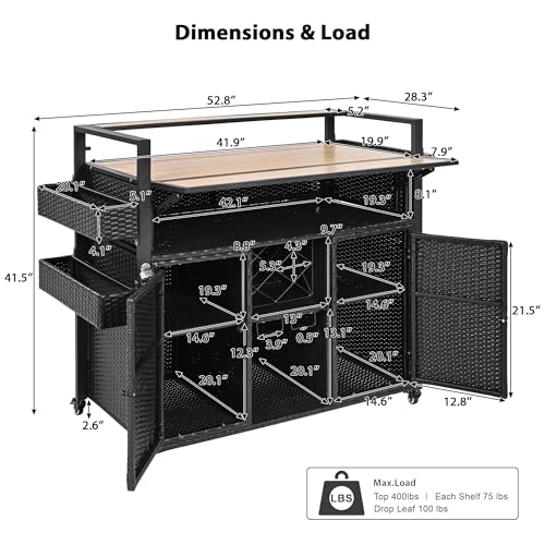 Image of Merax 52.8 inch W Wicker Outdoor Grill Cart with Extended Plastic Wood Table Top, Rolling Kitchen Island on Wheels with Storage Cabinet, for Patio Backyard Garden Poolside, Black Brown
