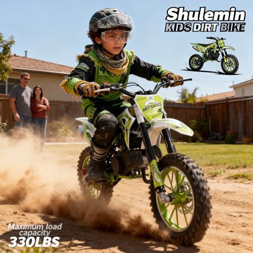 Image of 50CC Kids Dirt Bike,2-Stroke Gas Powered Mini Dirt Bike for Kids Up to 35 MPH Off-Road Motorcycle with 10-Inch Tires Disc Brakes 330LBS Max Load Pull Start Gift for Boys Girls Youth 8-14 (GREEN2 2026)