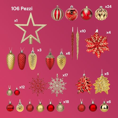 Décorations d'arbre de Noël kit boules fleurs étoiles rouge or incassables