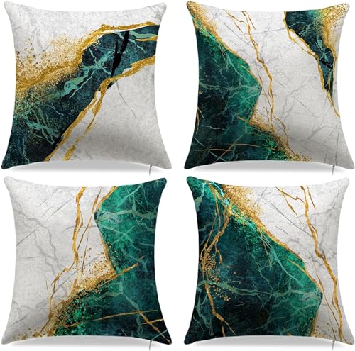 Geliking Sofa Cushion Covers 18x18 Inches Polyester Throw Pillow Case Green and Gold Marble Texture Cushion Covers Replacement for Home Decor 45cm x 45cm