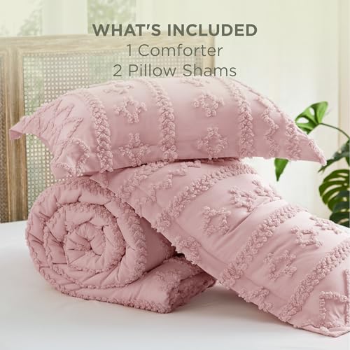 Image of Bedsure Tufted Boho Comforter Set Queen Size - Pink Boho Bed Set, GentleSoft 3 Pieces Farmhouse-Style Embroidery Bedding, Gifts for Woman, Soft Jacquard Kids' Queen Comforter for All Seasons