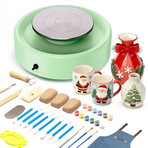 Alldeer Mini Pottery Wheel Machine - 6" Upgraded Clay Wheel for Beginners & Kids, 75W Motor, Adjustable Speed, Low Noise Ceramic Making Kit with 18PCS Sculpting Tools, Ideal for Home DIY (Green)