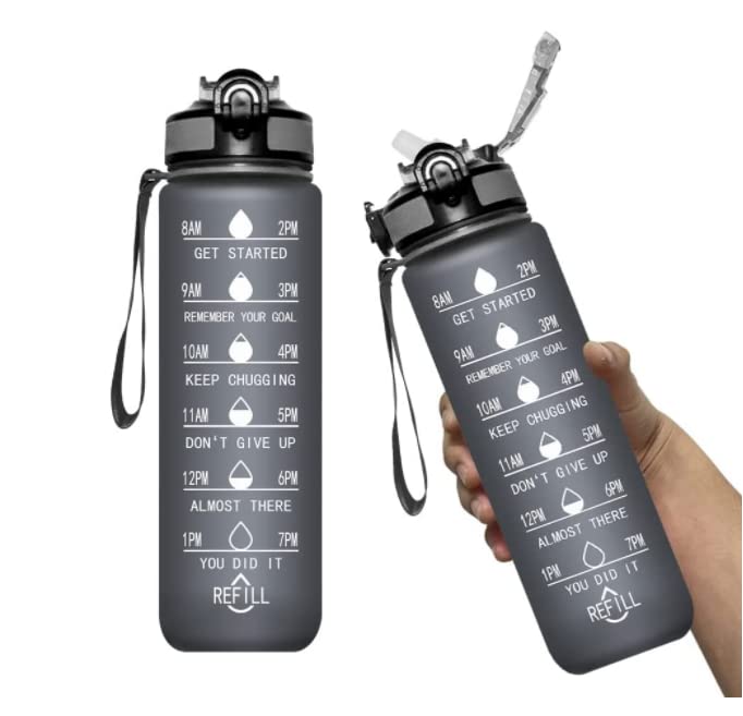 2 ounces (approximately 907.2 grams) motivational fitness water bottle with time stamp and detachable filter, fast flow rate, flip cover, leak-proof BPA-free and non-toxic (grey)