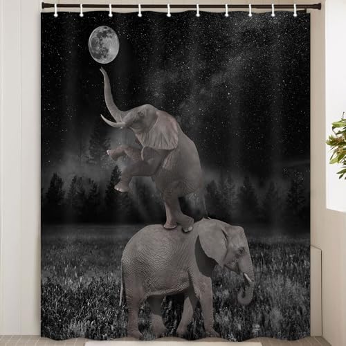 Image of Boziqr Funny Shower Curtains for Bathroom, Cute Elephant Moon Forest Bath Curtain, Rustic Farmhouse Decor Polyester Fabric Fun Cool Animals Black 60 x 70 Inches