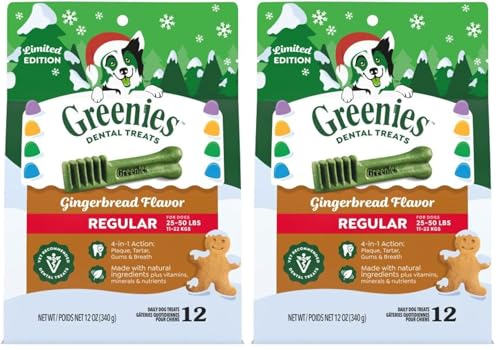 Image of Greenies Regular Size Dental Dog Treats, Gingerbread Flavor, 12 oz. Pack (12 Count) (Pack of 2)