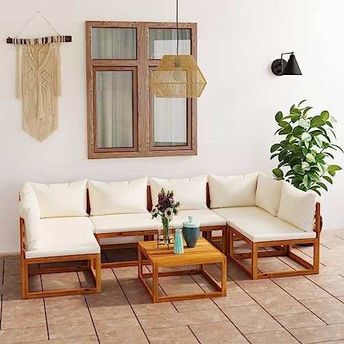 KCCKOM Garden Furniture Set 7 Piece Patio Lounge Set with Cushion Cream Solid Acacia Wood