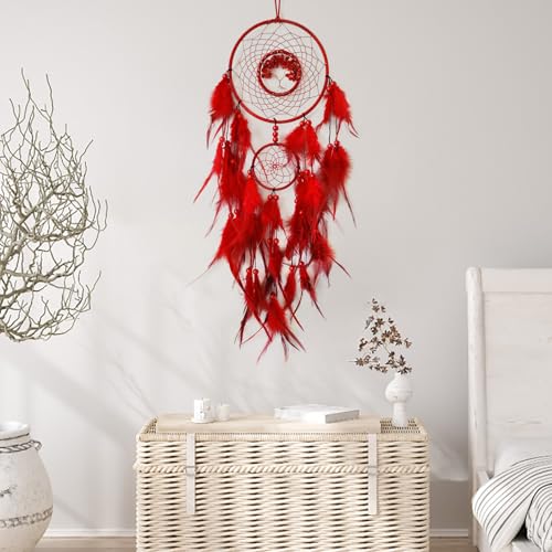 Red Dream Catcher Wall Decor Crystal Tree of Life Dream Catchers Handmade Feather Dreamcatcher Wall Hanging Ornament for Bedroom Living Room Home Decor - Image 5